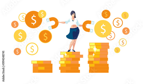 Business girl on a column of dollar gold coins with a large magnet attracts money productivity growth. Concept of attracting financial investments. Profit, people, banner. Business Vector illustration