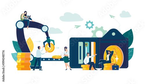 Financial operations, banking and money transfers, production line of cash gold dollar coins, people at work, automation. Cooperation with UAE, Dubai, businessmen, industry 4.0. Vector illustrations