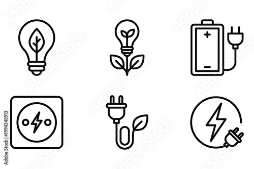 Collection of ecofriendly energy and electricity icons featuring green power and sustainable technology concepts