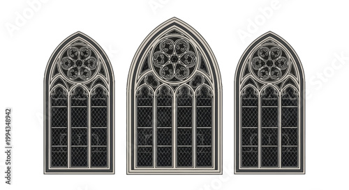 Set of three gothic arch windows with ornate stone tracery, decorative rose window motifs, and leaded glass patterns isolated on a white background in medieval cathedral style.