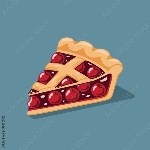 Vector illustration of a single slice of cherry pie with a golden brown lattice crust and whole red cherries in a dark fruit filling, isolated against a solid blue background.