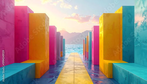 A vibrant, surreal architectural landscape features a pathway lined with brightly colored rectangular structures leading towards a distant mountain range 