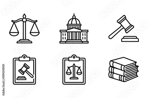 Collection of legal and justice icons including scales gavel courthouse and law books vector illustration