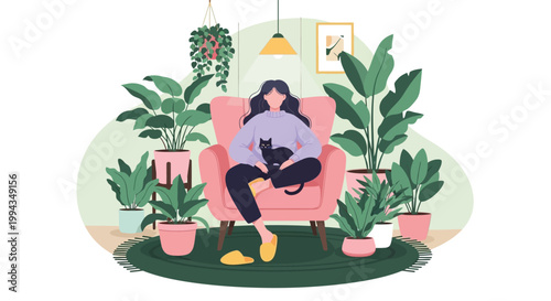 A series of colorful illustrations depict people completing various household tasks and daily routines indoors