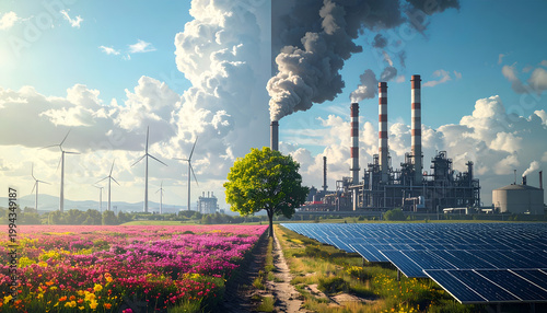 A striking visual contrast depicts a vibrant, flourishing natural landscape on one side, sharply divided from an industrial zone emitting pollution, symbolizing 