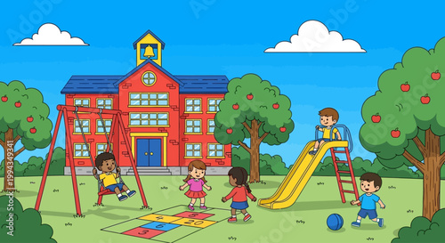 Children playing on playground equipment in front of colorful school building on sunny day
