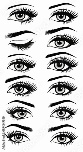 Set of twelve stylized black and white female eye illustrations with long lashes and arched eyebrows, featuring various gaze expressions and one winking eye on a white background.