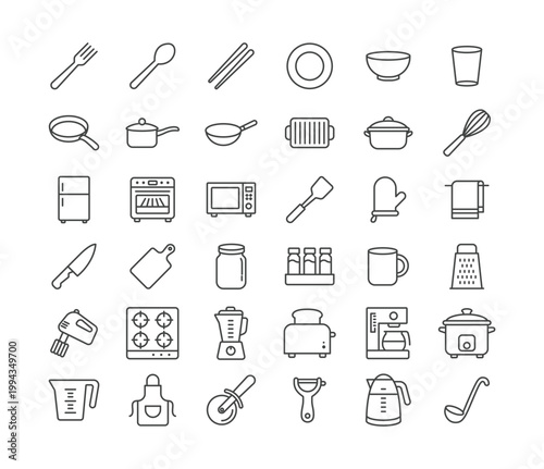 Outline Minimalist Line Art Kitchenware And Cooking Appliance Household Item Icon Set Collection