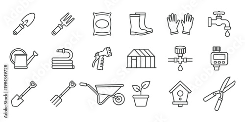 Minimalist Outline Line Garden Tool Plant Care Equipment Collection Graphic Icon Set