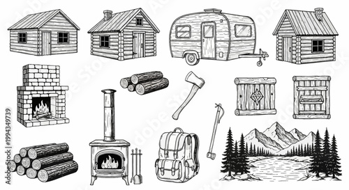 Collection of hand-drawn black and white sketches featuring rustic log cabins, vintage camper trailer, wood-burning stove, brick fireplace, stacked logs, axe, and mountain lake landscape.
