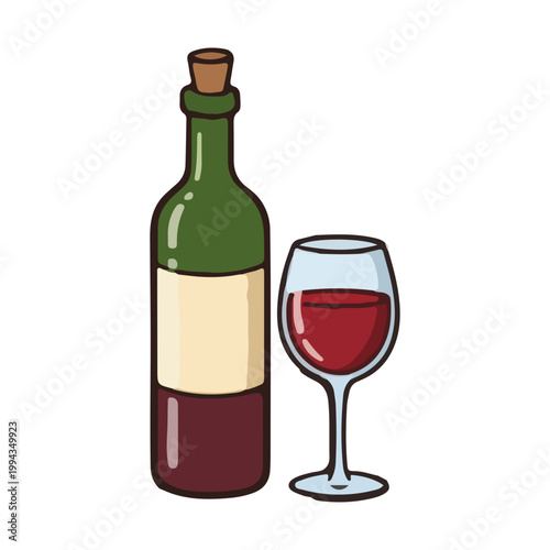 Cartoon illustration of a red wine bottle and filled glass