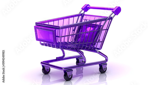 A vibrant purple shopping cart sits on a white surface, reflecting light and suggesting retail or consumerism.