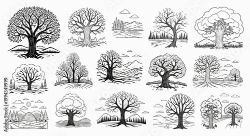 Collection of black and white line art illustrations featuring diverse tree species, mountain landscapes, and forest scenes in a minimalist hand-drawn vector style on white background.
