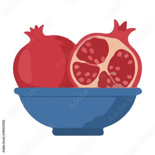 Flat Illustration of Pomegranates in a Blue Bowl