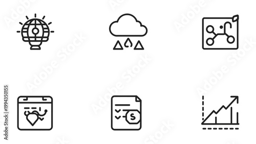 Icons of Conceptual Design: A set of six modern icons, each representing a facet of technological innovation and creative processes, set against a pristine, uncluttered backdrop. 