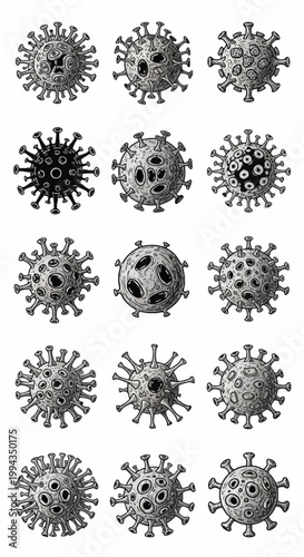 Set of fifteen hand-drawn black and white virus cell illustrations in a woodcut engraving style, featuring textured microorganisms with protein spikes and surreal eye-like pits.