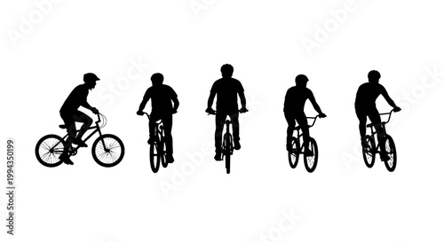 Bicycle silhouette icons of riders riding forward in a minimalist vector style for fitness and cycling branding