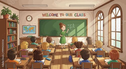 Female Teacher Welcoming Diverse Elementary Students to Bright Classroom with Chalkboard and Books