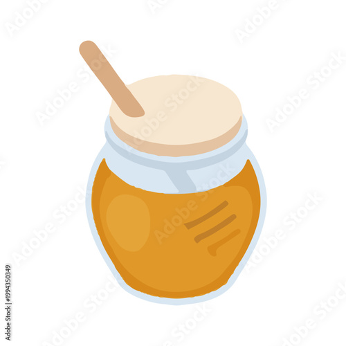 Honey jar illustration with wooden dipper stick on white background