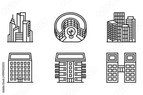 Modern minimalist line art icons featuring various buildings and architectural structures design set