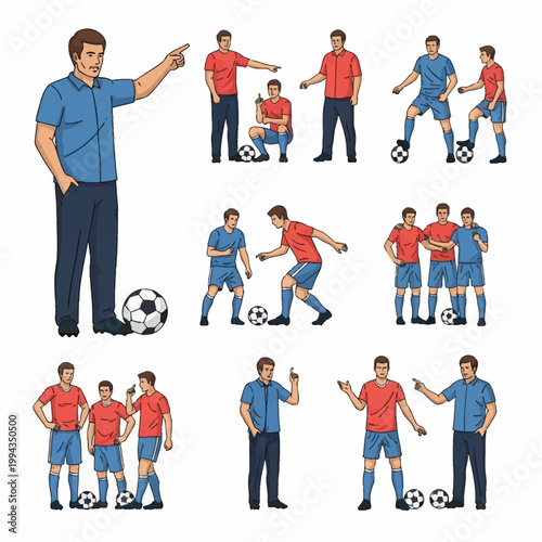 Vector illustration set of a soccer coach and players in various training poses like instructing, pointing, dribbling, and tactical discussions on a white background.