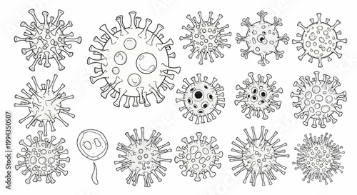Collection of black and white virus and bacteria line art illustrations isolated on white, featuring various microscopic pathogens, germs, and infectious disease cell structures.