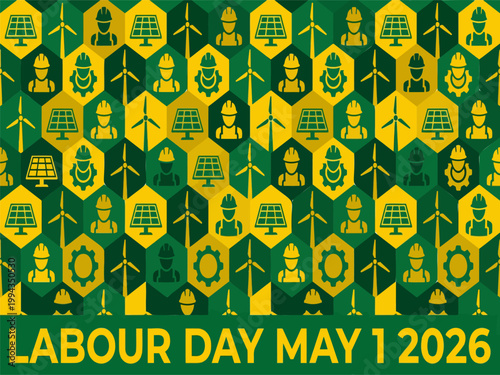 Labour Day, May 1st, 2026, celebration background, green and yellow icons, festive pattern