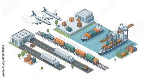 An isometric vector illustration shows a global e-commerce logistics network with container trucks, trains, ships, and airplanes transporting packages from a warehouse