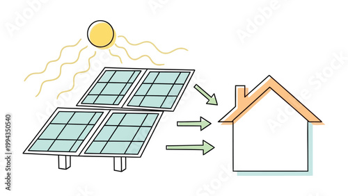 Tableau sur toile Solar Energy for Home: An illustration depicting a house powered by solar energy, with solar panels capturing sunlight and converting it into power for the home, representing sustainable living