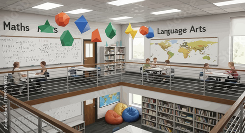 Bright elementary school library with colorful subject balloons and educational decor