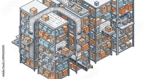 Isometric vector illustration showing e-commerce logistics with a warehouse and container truck, featuring characters and icons in a clean, modern design style, depicting packages moving