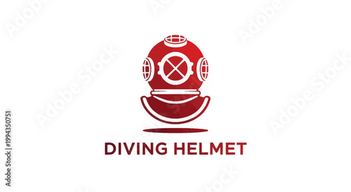 Red diving helmet logo isolated on white background, underwater exploration.