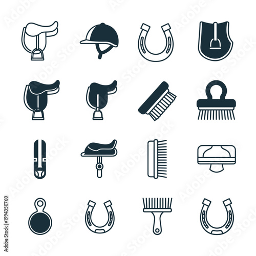 Equestrian Equipment Icons: Saddle, Helmet, Horseshoe, Brush, Stirrup