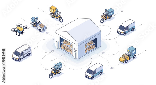 Isometric vector illustration showing e-commerce logistics with delivery vehicles and a warehouse, depicting package shipping and online shopping against a clean white background