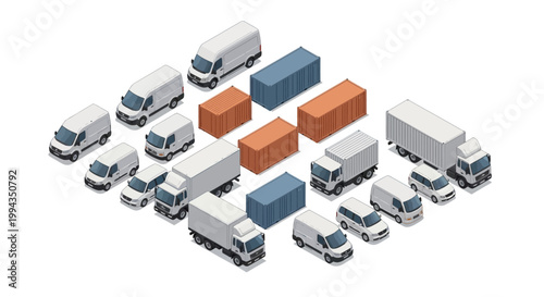 Isometric delivery vehicles and shipping containers are neatly arranged on a white background in this vector illustration, conveying a clean, modern design ideal for visualizing e-commerce