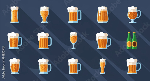 Flat design beer icon set featuring various glassware including mugs, pint glasses, pilsner glasses, and green bottles with white foam on a dark background with long shadows.