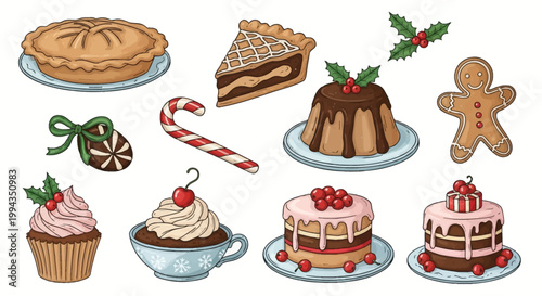 Set of hand-drawn vector illustrations featuring festive Christmas desserts like a gingerbread man, candy cane, whole pie, chocolate pudding, layered cakes with berries, and a cupcake.