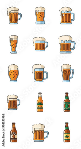 Vector collection of beer icons including pint glasses, mugs with overflowing foam, pilsner glasses, and glass bottles with labels, set in a flat graphic style on a white background.