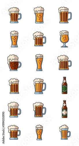 Set of vector beer icons featuring diverse glassware including mugs with handles, pint glasses, pilsner glasses, and glass bottles with foam, isolated on a white background in flat design.