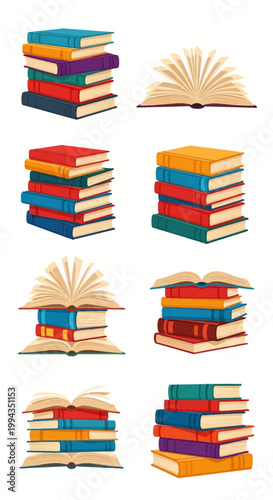 Collection of colorful hardcover book illustrations featuring various stacks of books, open books with pages splayed, and combinations of stacked and open literature on white background.