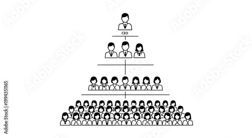Organizational hierarchy chart with flat line art icons of business professionals in corporate structure