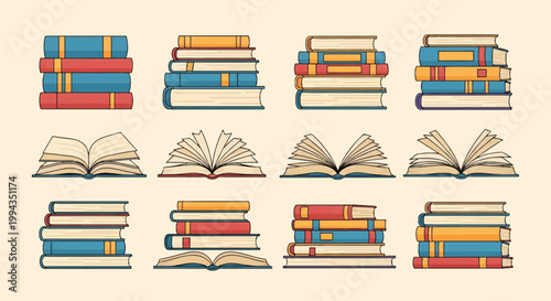 A comprehensive set of vector book illustrations featuring various stacks of closed hardcover books in red, blue, and orange, plus open books with fanned pages on a plain background.