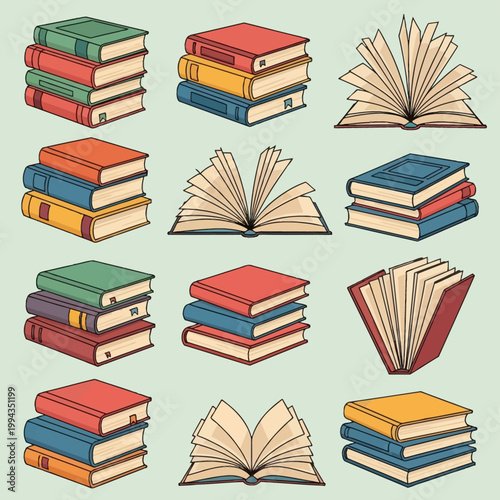 Set of twelve book icons and illustrations including vertical stacks of textbooks and open volumes with fanning pages, flat design style with colorful covers and black outlines.