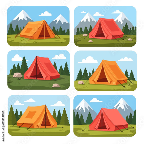 Set of six vector illustrations featuring orange and red camping tents positioned in mountain landscapes with evergreen pine forests, blue skies, and white clouds in a flat digital art style.
