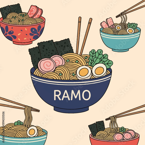 Set of flat vector illustrations of colorful Japanese ramen noodle bowls featuring toppings like soft-boiled eggs, nori seaweed, narutomaki fish cakes, and pork slices with chopsticks.