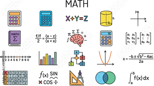 Mathematics and calculation icon set featuring formulas, geometry, algebra, statistics and educational problem solving symbols
