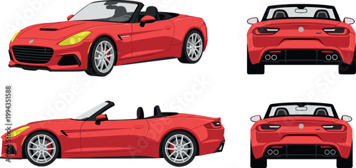 Red Convertible Car in Different Angles for Luxury, Vehicle, and Automotive Design