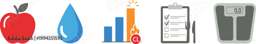 Healthy lifestyle icons represent nutritional goals and fitness tracking.