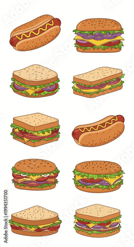 Hand-drawn vector illustration set of fast food including cheeseburgers, hot dogs with mustard, and multi-layered sandwiches with lettuce and tomato on a white background.
