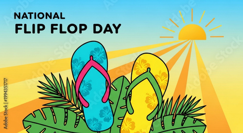 Bright tropical flip flops in green and blue with pink straps surrounded by lush leaves sun rays and vibrant orange sky celebrating national flip flop day